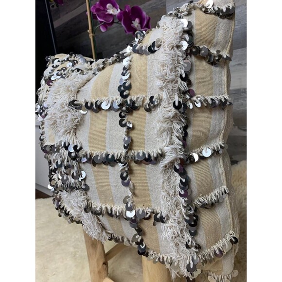 Vintage Moroccan Wedding Blanket Pillow, Sequined Handira Cushion 03YS00937 - Picture 5 of 10